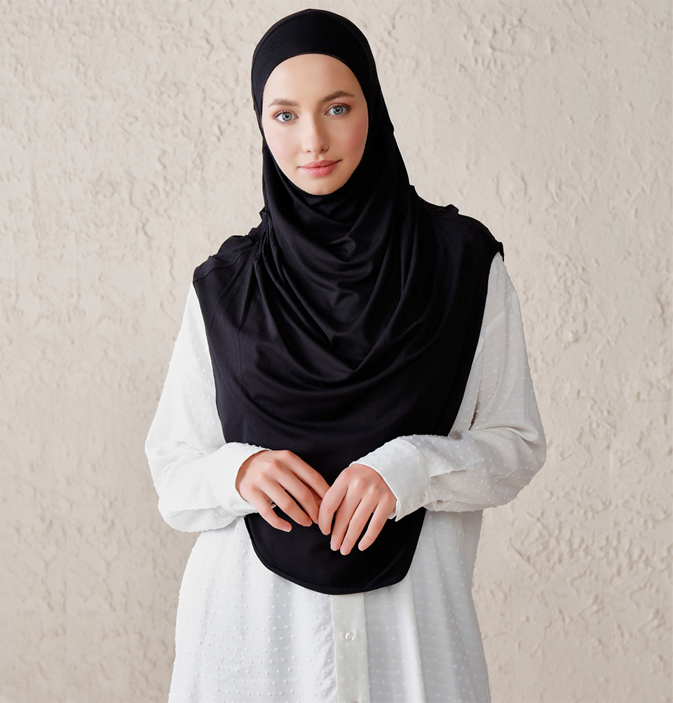 Modefa Long Pleated One Piece Instant Jersey Hijab - Black