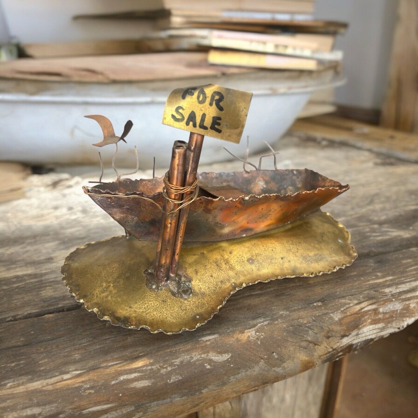 VTG Copper Ship Boat Sail Sculpture Nautical Jere Style Tabletop Metal Art Brass