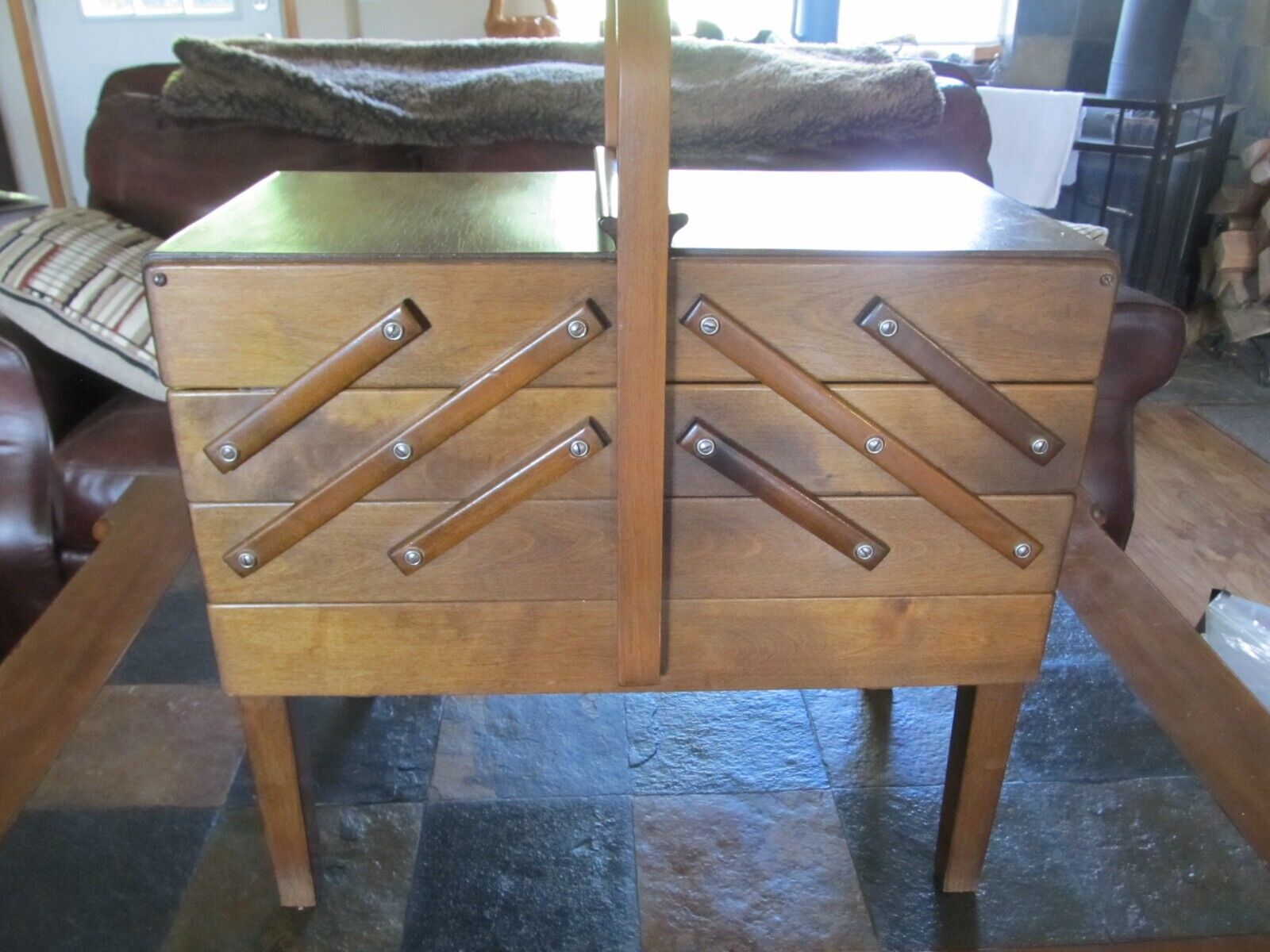 Vintage Strommen Bruk Hamar Accordian Style Wooden Sewing Box