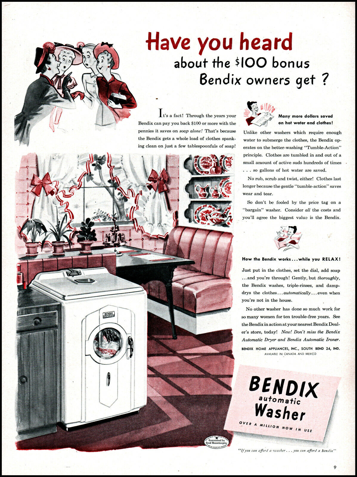 1947 Bendix Washer laundry kitchen breakfast nook vintage art print ad  L17