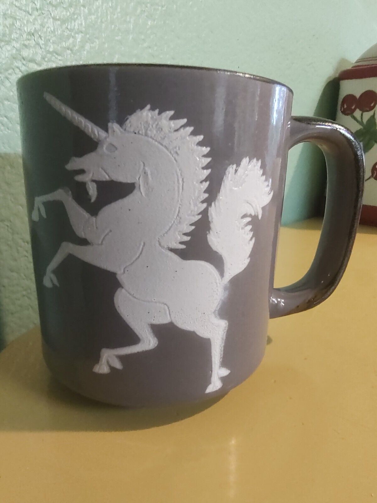 Vintage Otagiri JAPAN Gray Stoneware Ceramic Coffee Mug with White Unicorn Cup