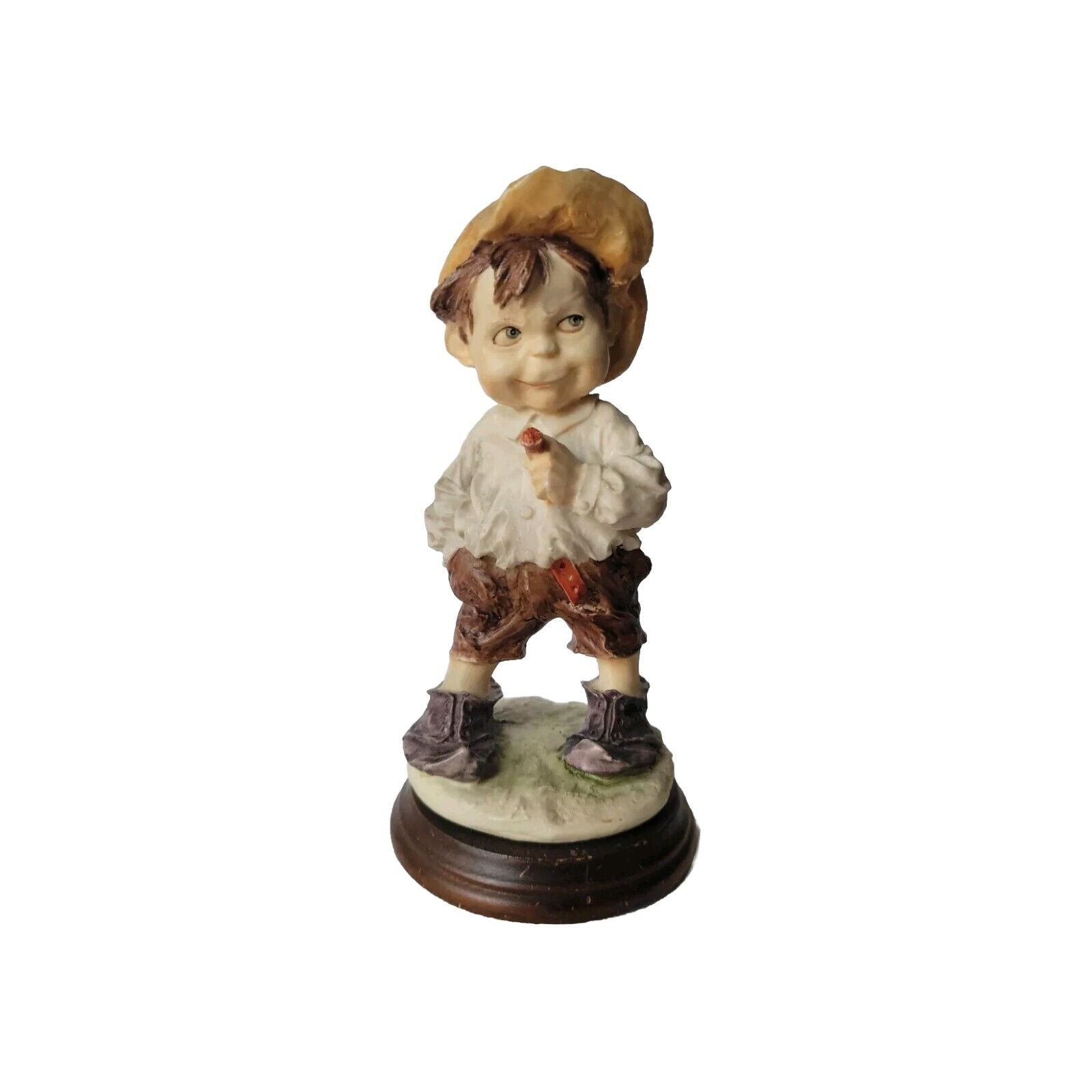 Vtg Collectible Resin on Wood NAUGHTY MISCHIEVOUS Boy Wearing Hat Holding Cigar