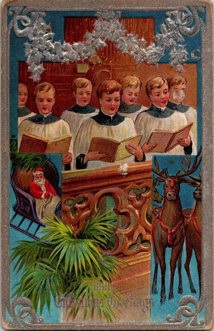 Vintage Antique Postcard Christmas Season Merry Santa Claus Reindeer Chorus P03