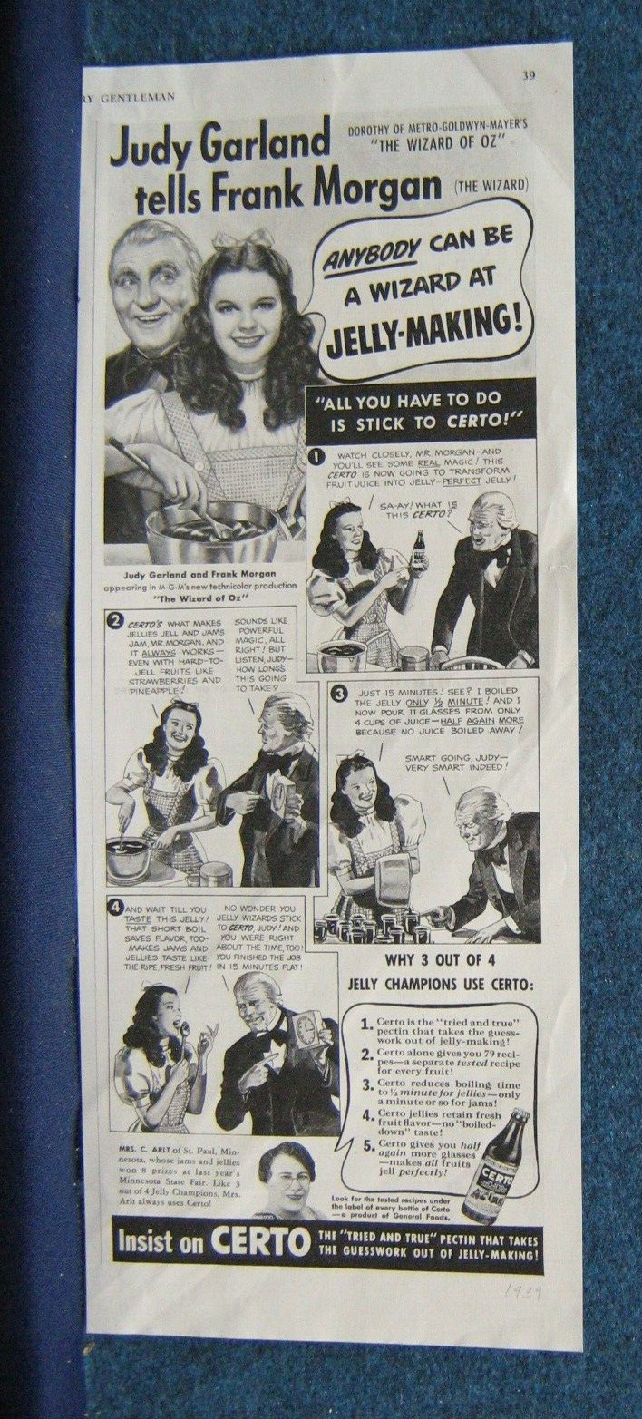 VINTAGE Wizard of Oz Movie 1939 Mag. Ad - Sponsored by Certo Jelly Helper