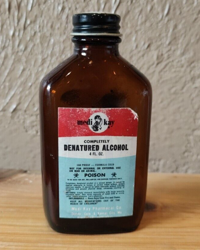 RARE Vintage Medi Kay Pharmacal Company Denatured Alcohol 4 oz empty bottle