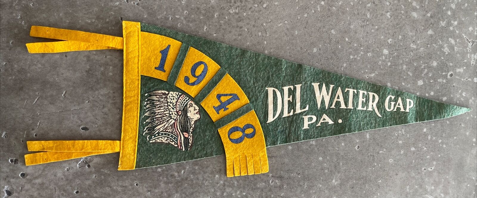 1948 Delaware Water Gap Pennsylvania Vintage Souvenir Felt Pennant Green Yellow