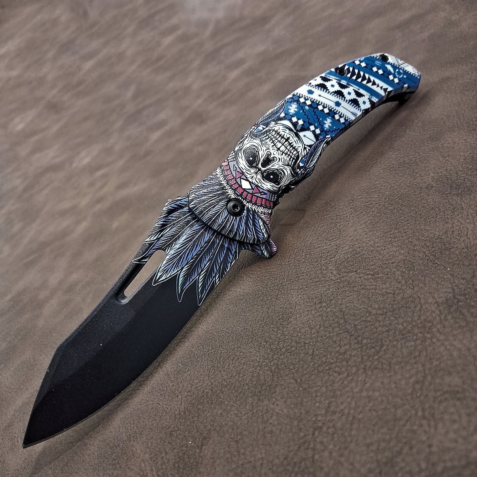 Aztec Azul Muertos Fast Spring Assisted Opening Tactical EDC Pocket Knife w/Clip
