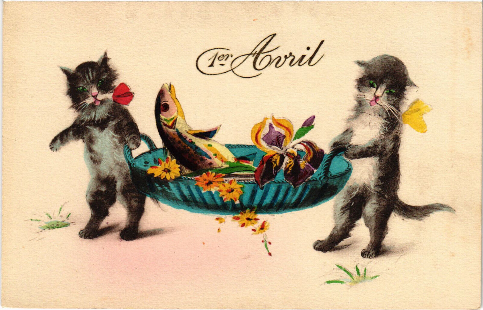 PC CATS, APRIL 1, TWO CATS WITH A FISH, Vintage Postcard (b46549)