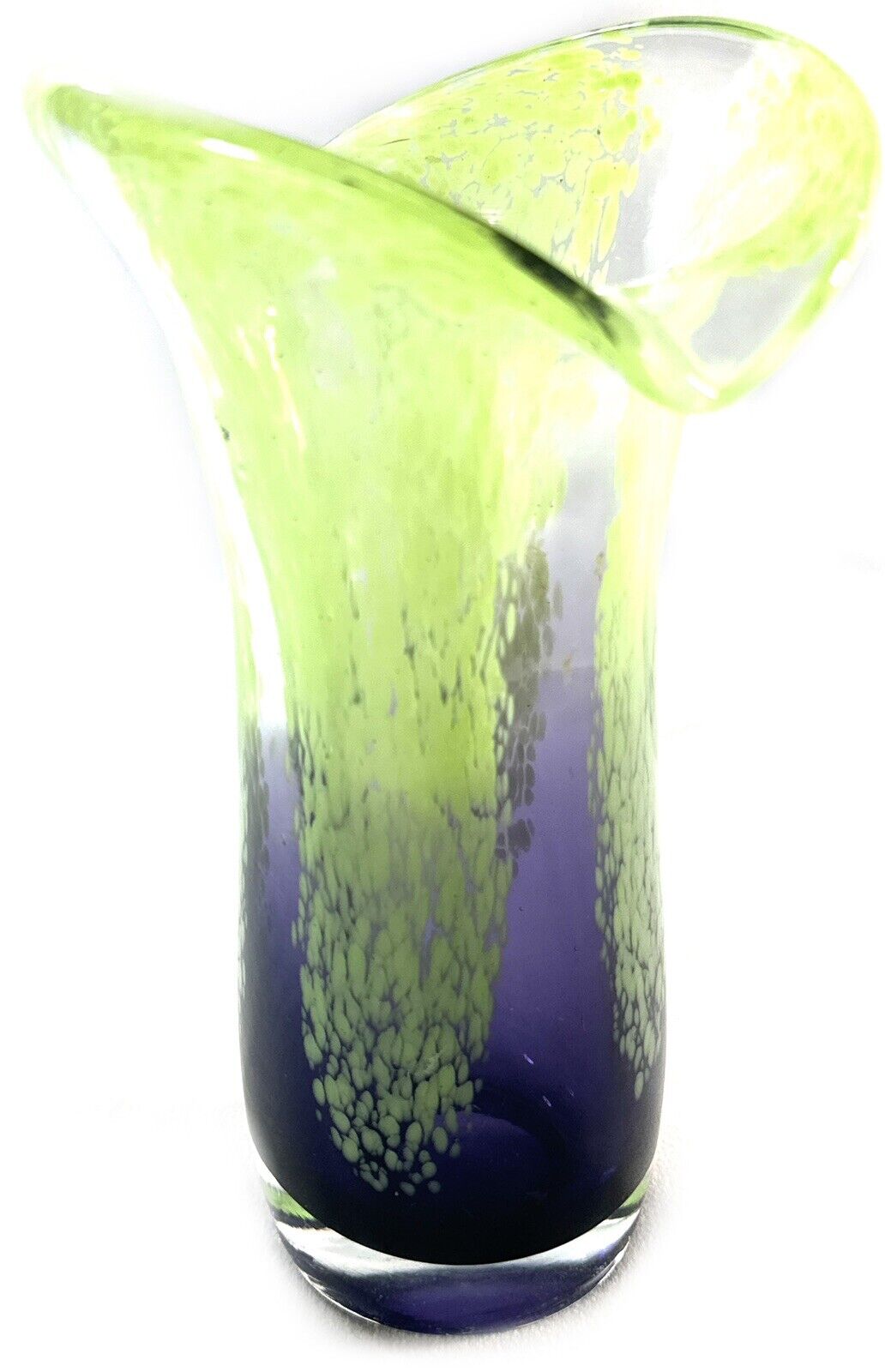 Vintage Teleflora Glass Vase Green Specked Purple Bottom Flared Top 8” Tall
