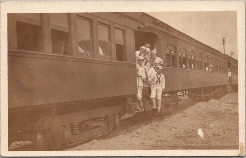 PANAMA CANAL ZONE Photo RPPC Postcard Sailors on Passenger TRAIN / Dated 1913