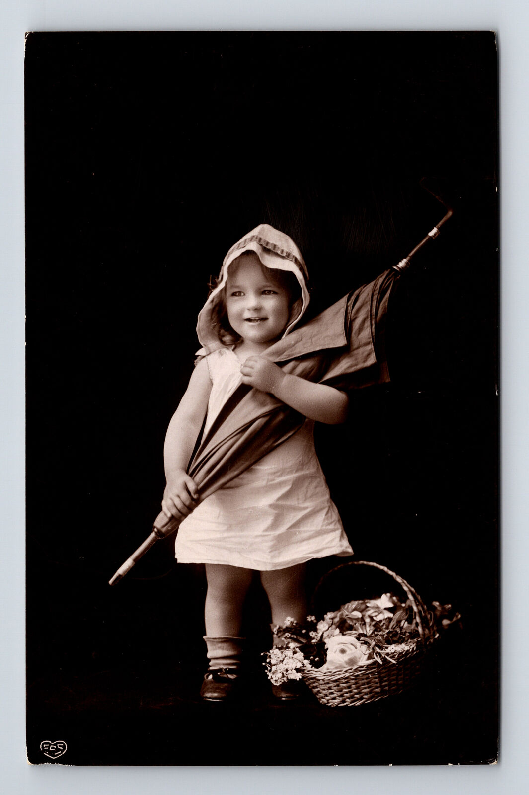 c1910 RPPC EAS Studio Portrait Young Girl Umbrella Flowers Postcard