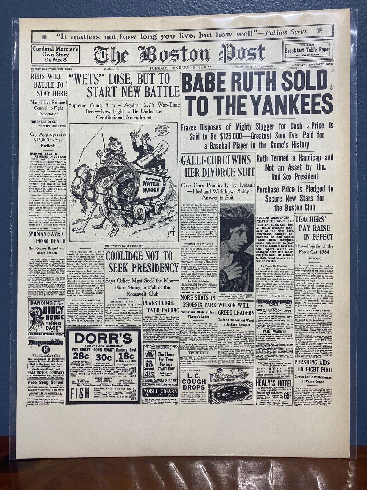 VINTAGE NEWSPAPER HEADLINE ~BABE RUTH SOLD TO NEW YORK YANKEES ~1920 BASEBALL