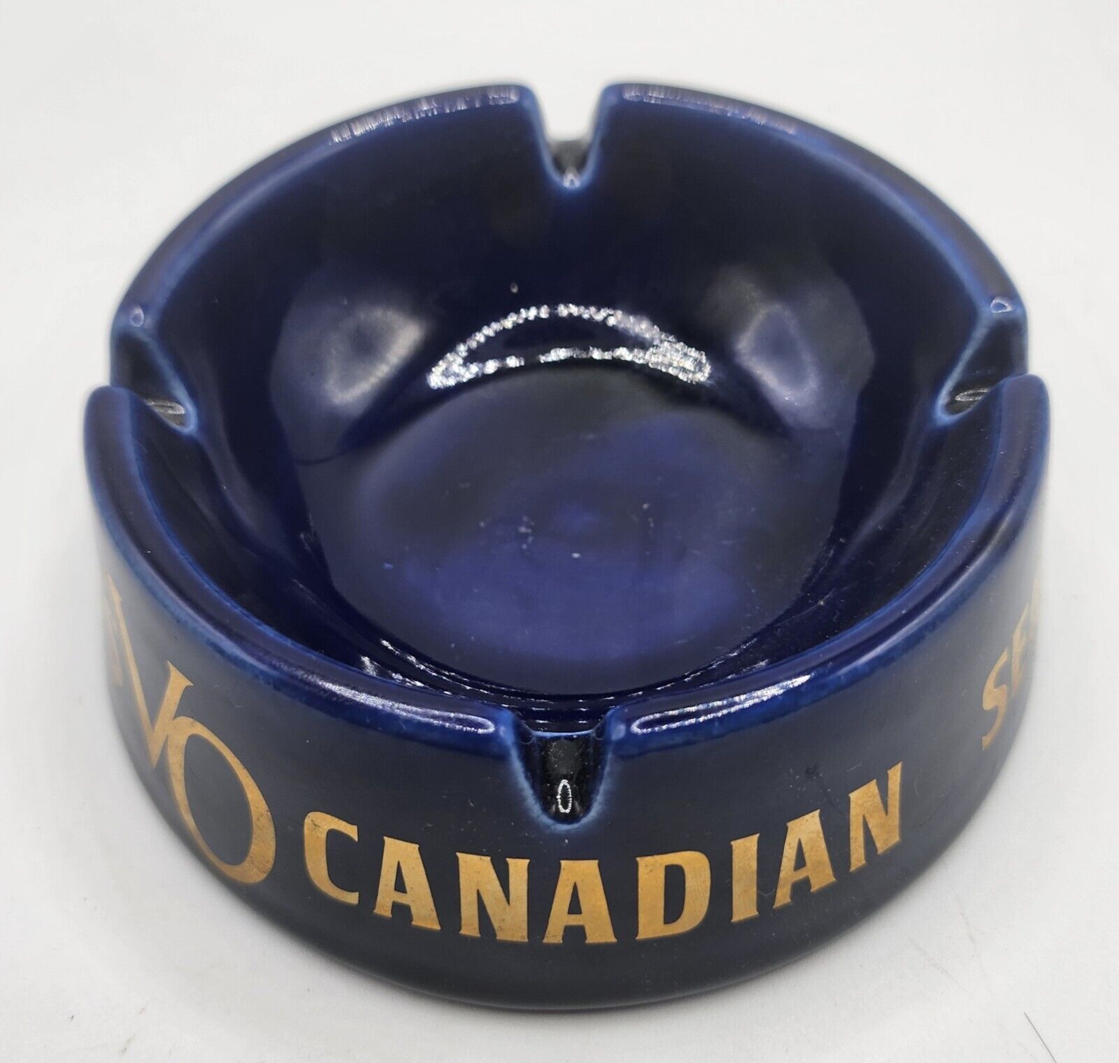 Seagrams VO Canadian Ashtray Ceramic Cobalt Blue Whiskey Advertising Vintage Vgc