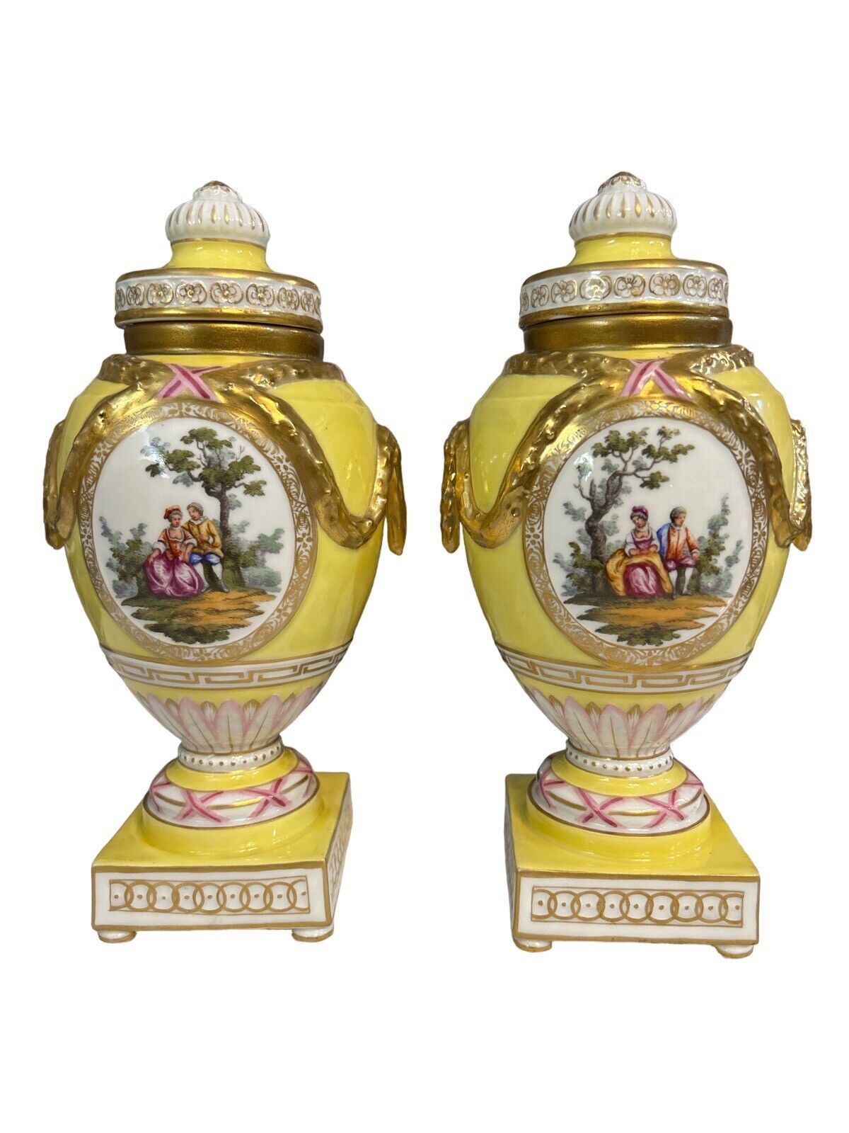 Exquisite Rare Pair of Yellow Early K.P.M Royal Berlin Lidded Vases 1830’s