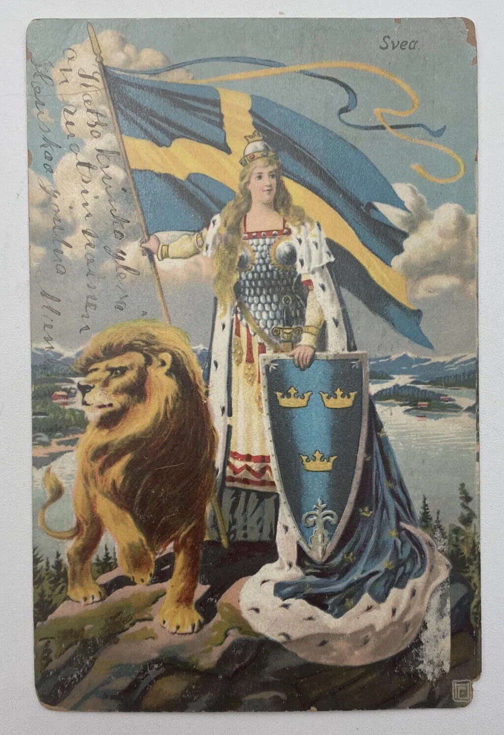 Postcard Sweden Mother Svea Woman And Lion East Boston Station Flag Cancel