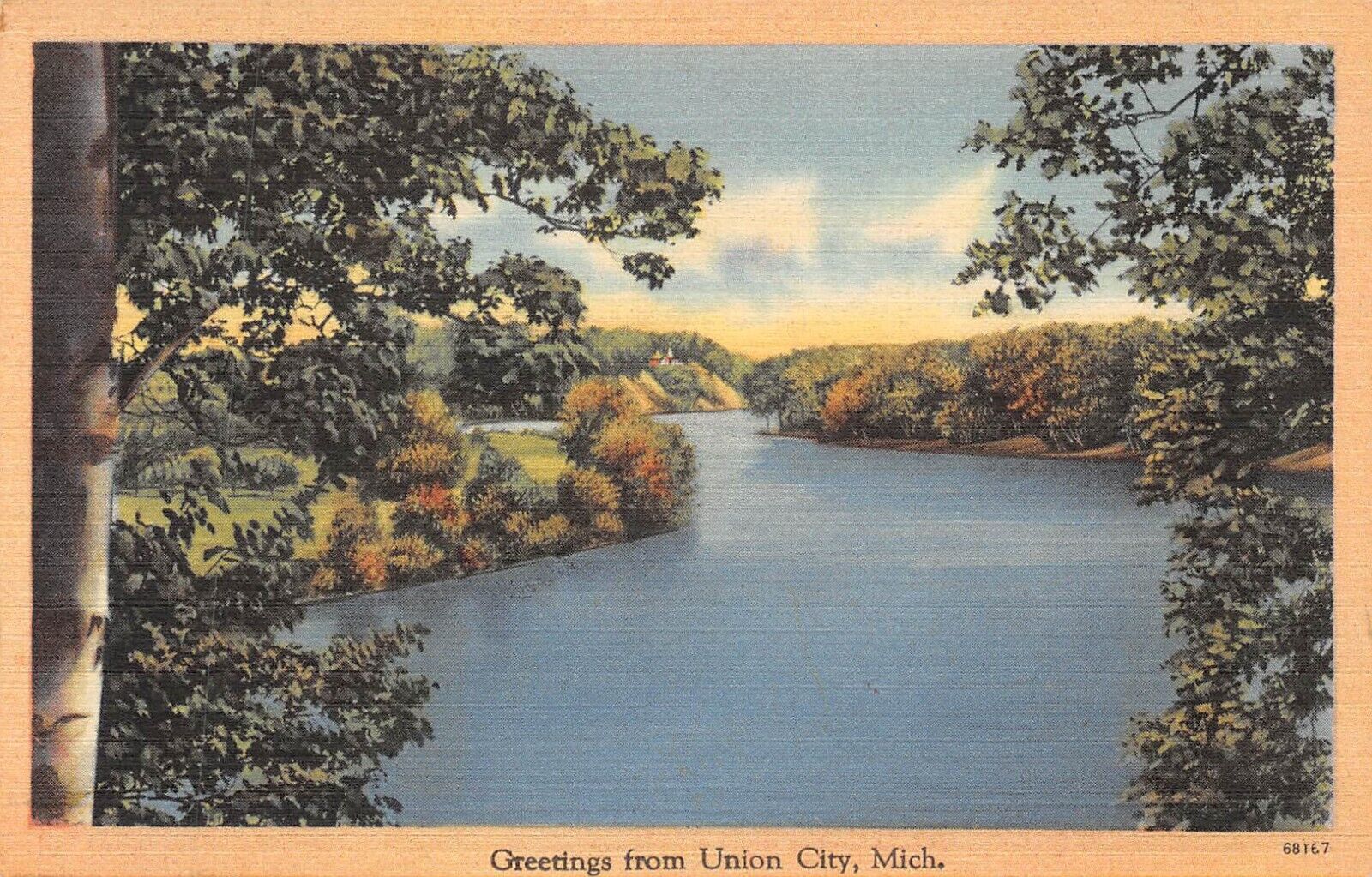 Greetings From Union City Michigan River Linen 1940s Postcard