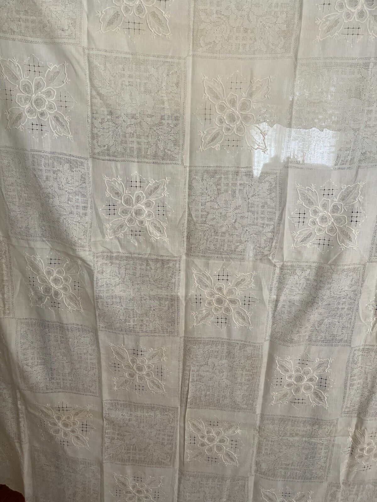 Vintage Ivory Linen Tablecloth w/ Hand Embroidery and Drawn Work 82