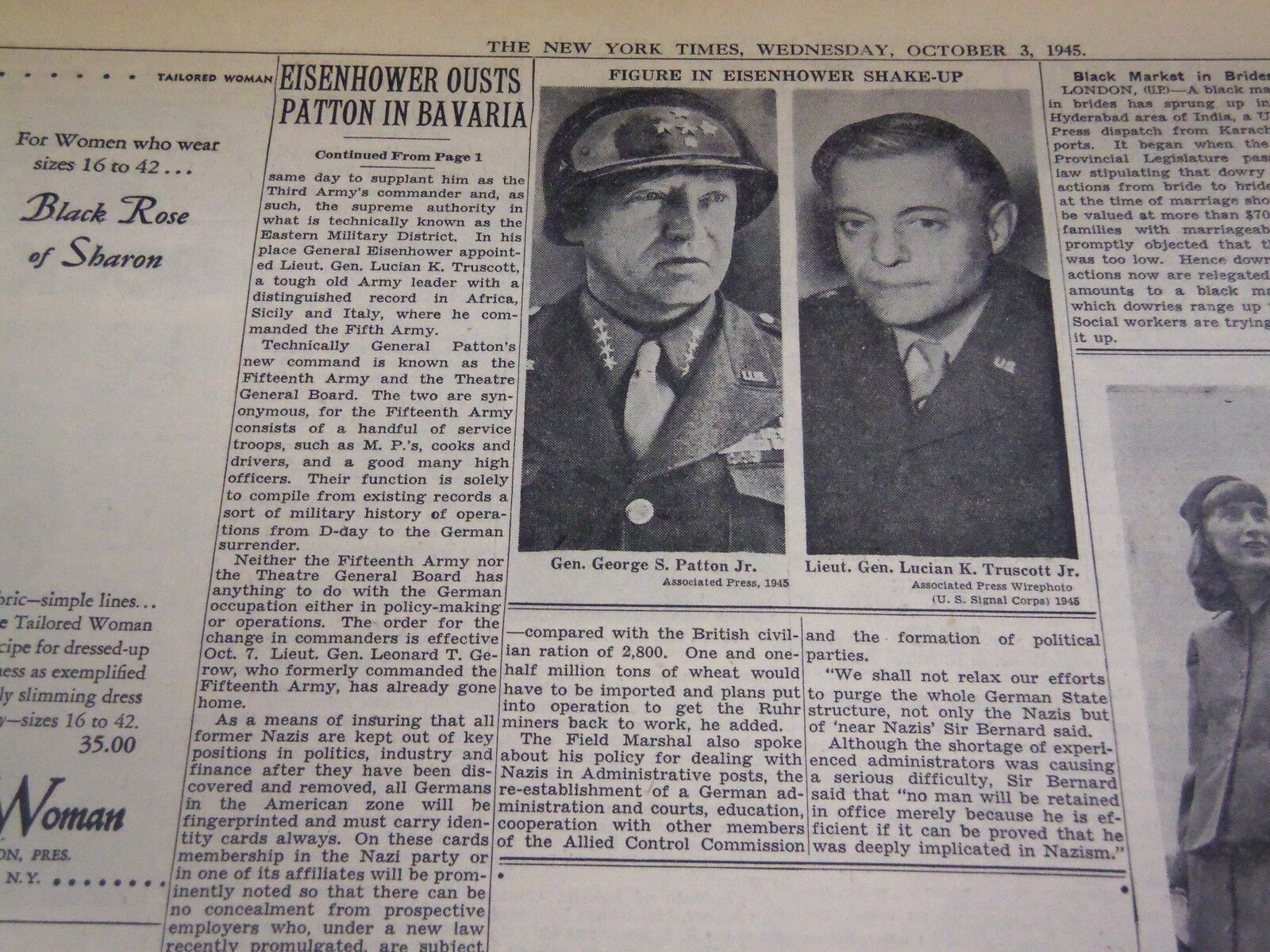 1945 OCT 3 NEW YORK TIMES - EISENHOWER REMOVES PATTON FROM BAVARIA - NT 564
