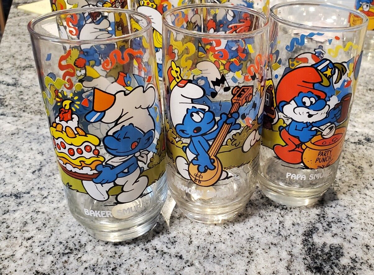 1983 Hardees Smurf Drinking Glasses COMPLETE Set of 6 Peyo