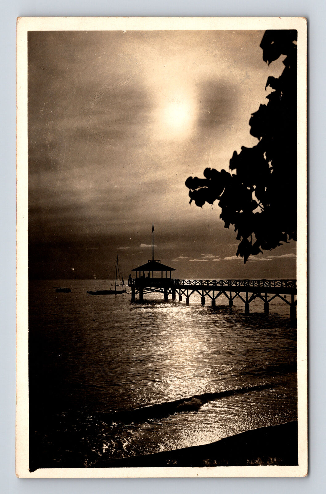 RPPC Moonlight or Sunset View of Ocean Pier Real Photo Postcard