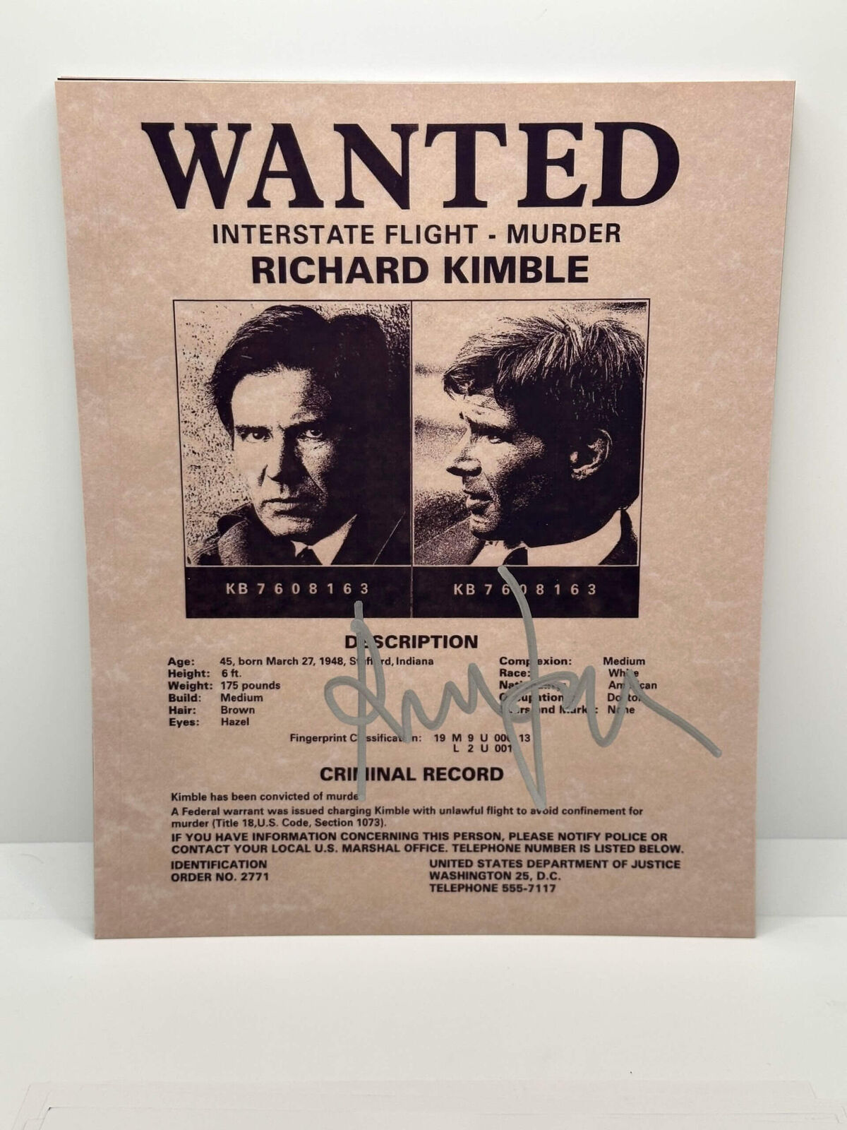 Harrison Ford The Fugitive Wanted Poster Signed Autographed Photo Authentic 8X1