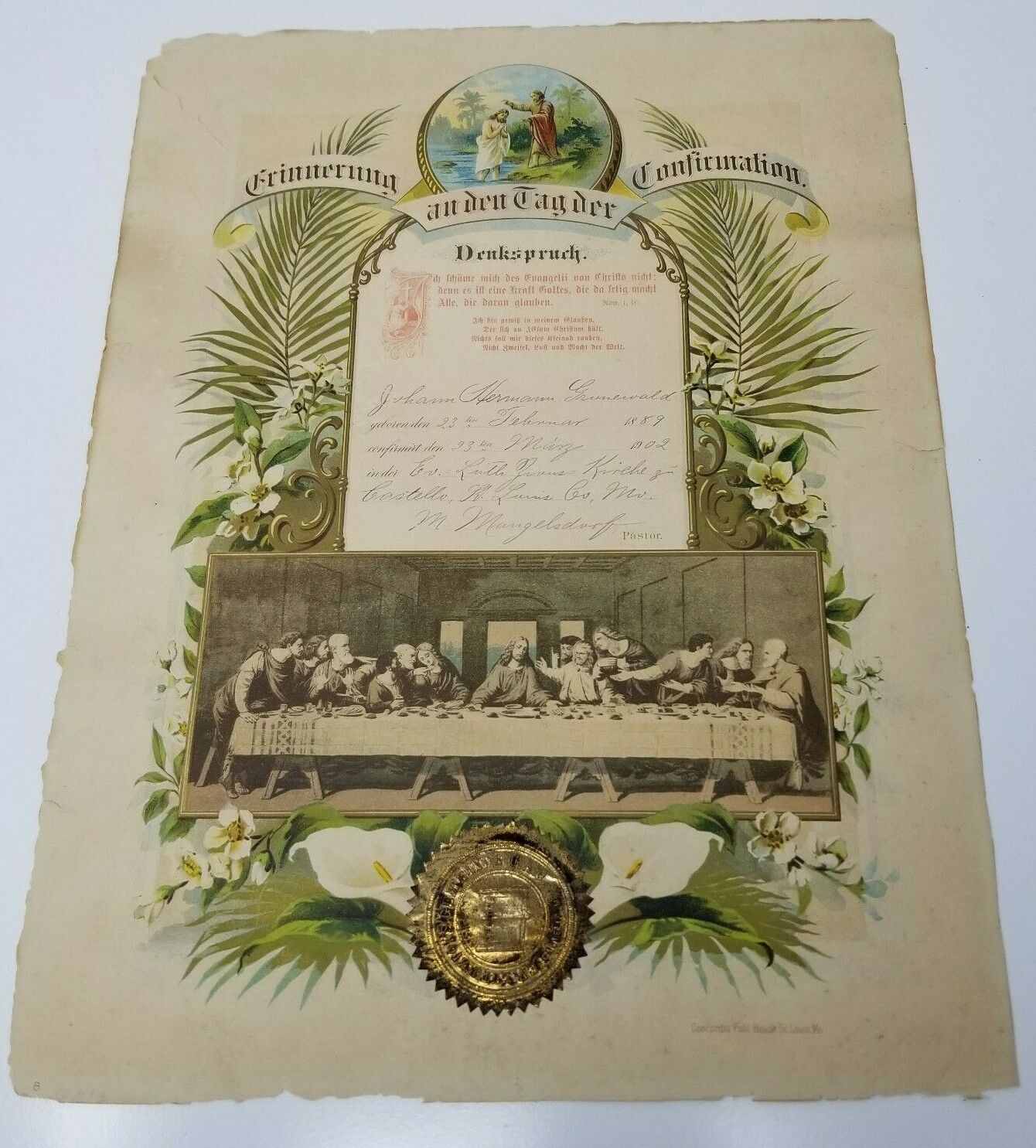 Lutheran German Confirmation Color Proclamation Certificate Antique 1902 