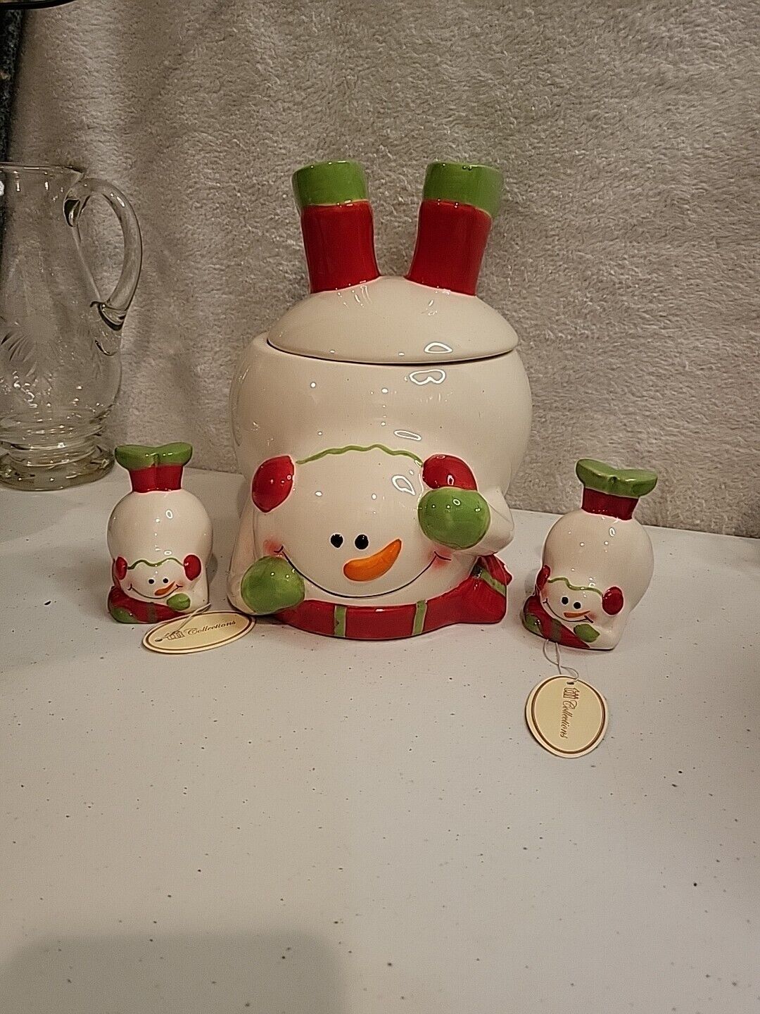 Vintage Lot of 3  Tii Collections Snowman Sledding Salt &pepper Cookie Jar Rare