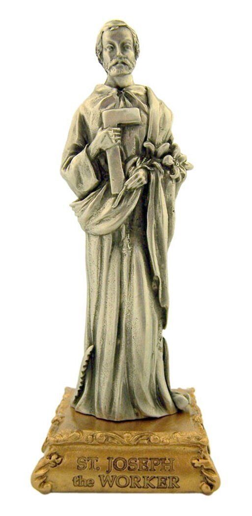 Pewter Saint St Joseph the Worker Figurine Statue on Gold Tone Base, 4 1/2 Inch
