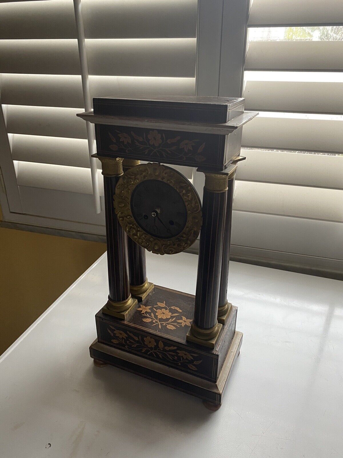 Antique French Empire Inlaid Portico Clock with Bronze Mounts & Figural Pendulum