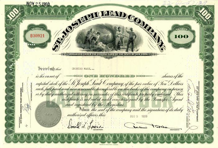 St. Joseph Lead Co. Issued to Groucho Marx - Stock Certificate - Autographed Sto