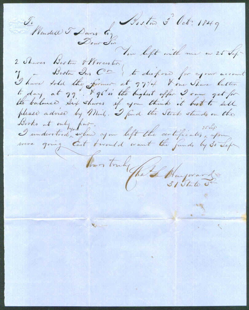 Chas L Hayward letter W T Davis stock sale Boston 1849