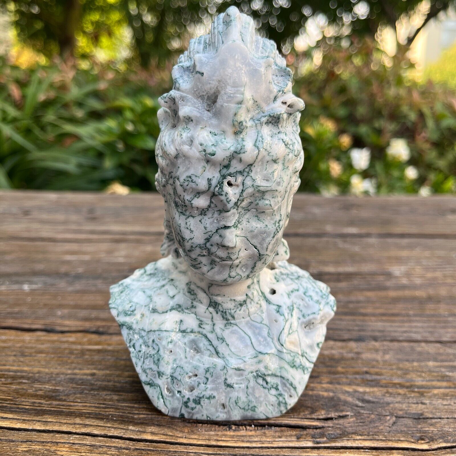 1.4LB 5.5\'\' Natural Moss Agate Geode Guanyin Statue Quartz Rock Crystal Figurine