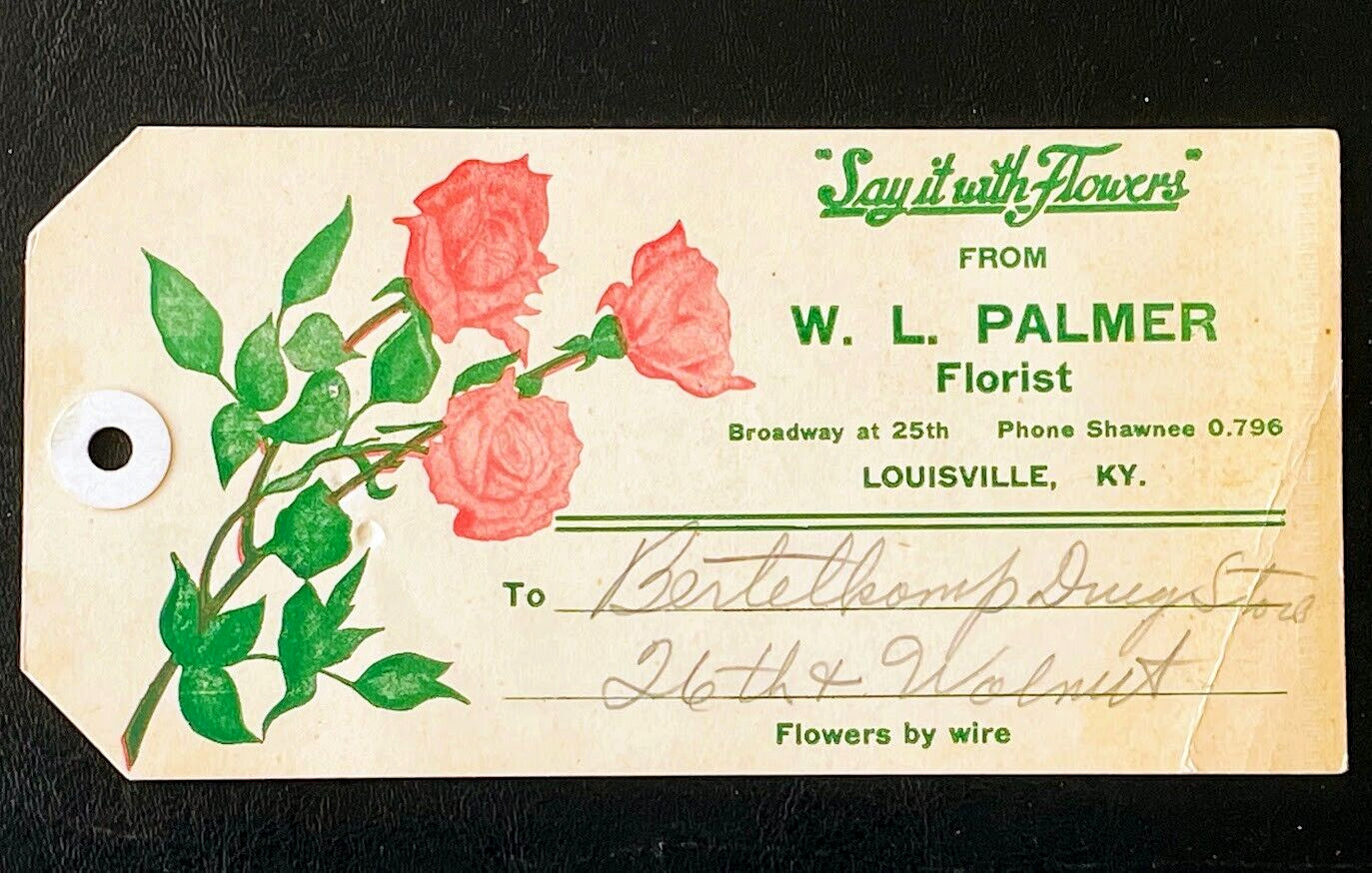 1937 LOUISVILLE KENTUCKY W.L. PALMER Florist Original Flowers Delivery Name Card
