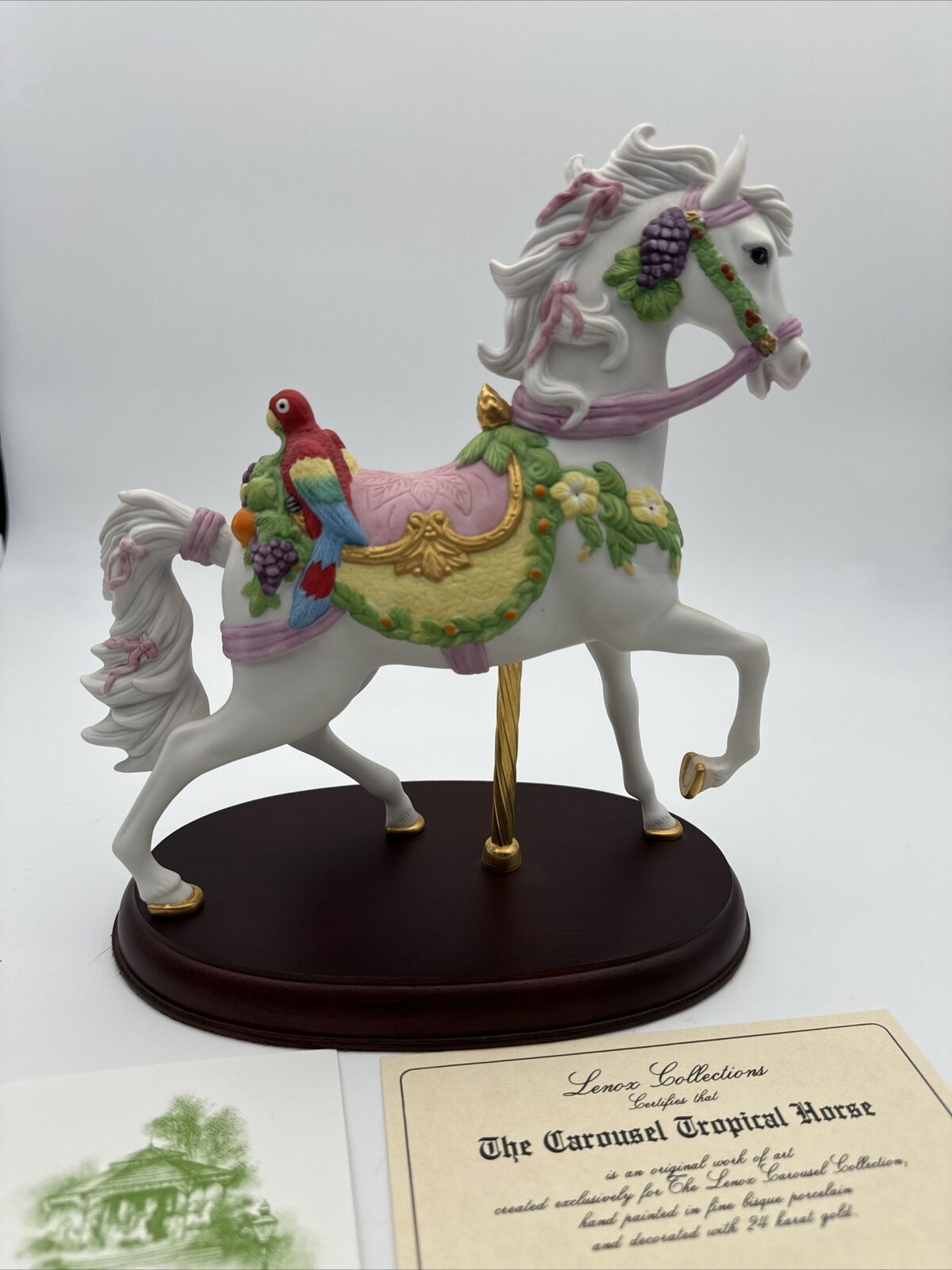Lenox Carousel Porcelain Horse/Tropical Parrot Gold Trim Wood Pedestal Base 1992