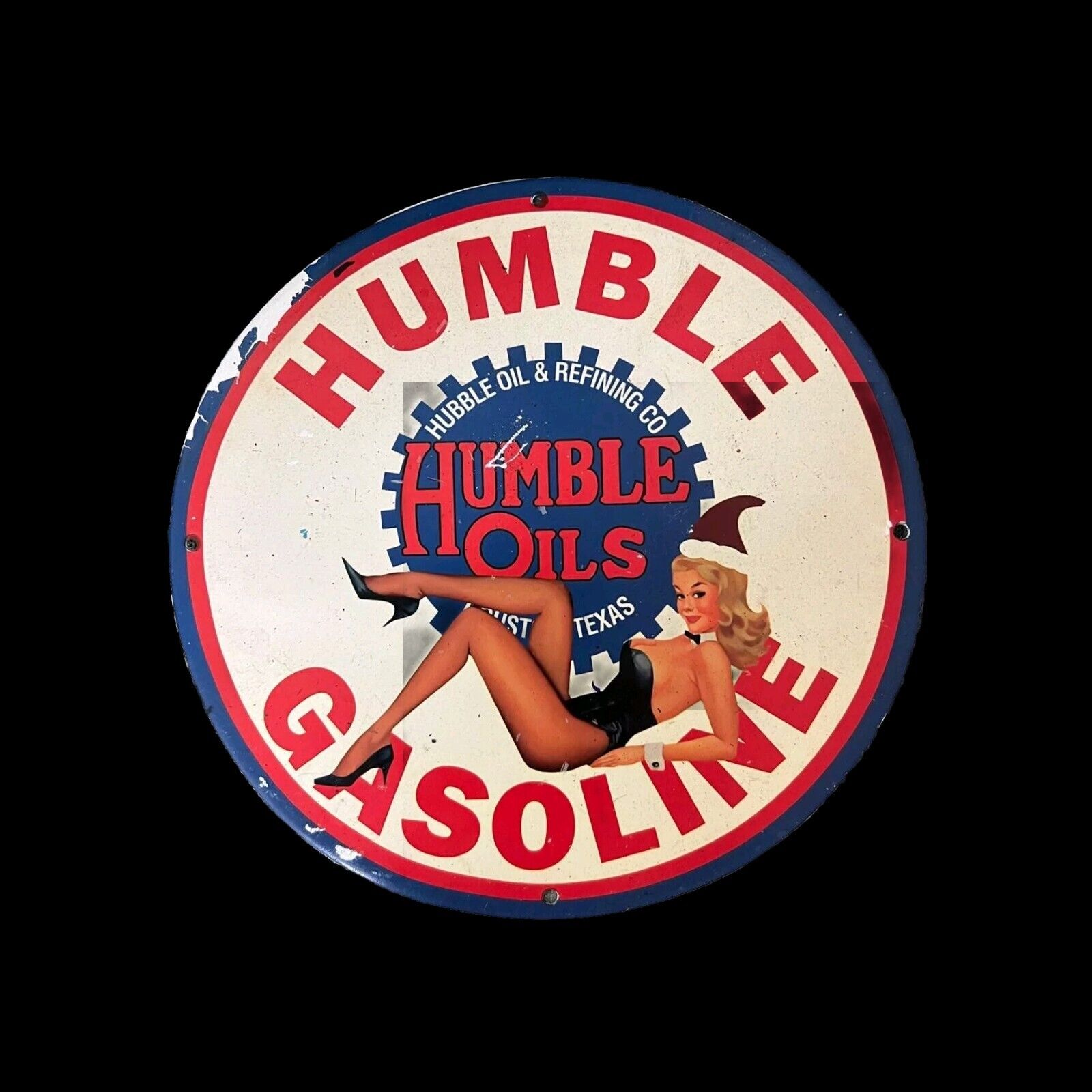 RARE HUMBLE GASOLINE BIKINI BABE PORCELAIN GAS  PUMP OIL SERVICE GARAGE SIGN 