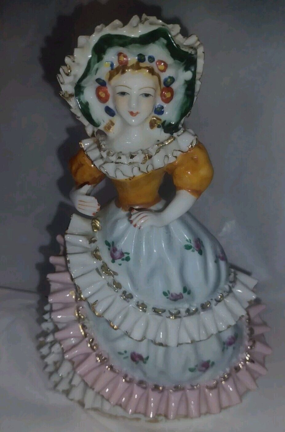 Vintage Urion Occupied Japan Lady Figurine Handpainted Ruffled Ball Gown