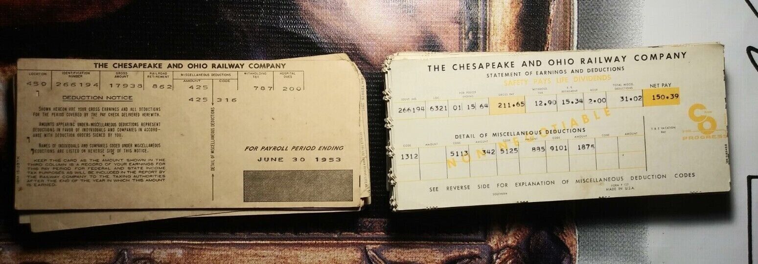 125 RR Chesapeake & Ohio Railway Pay Stubs 1940s - 1970s C&O Railroad Vintage