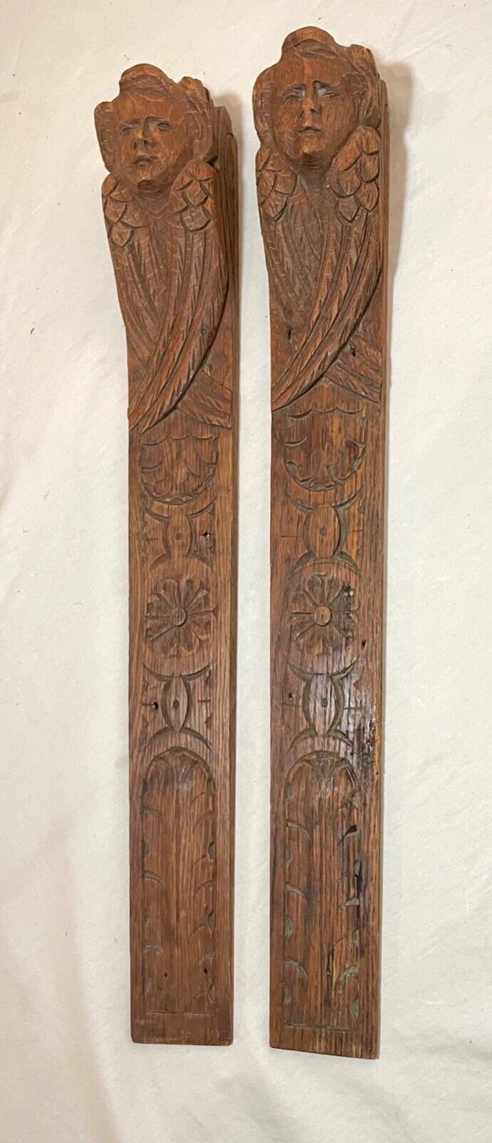 pair Antique hand carved wood architectural salvage cherub wall sculpture panel