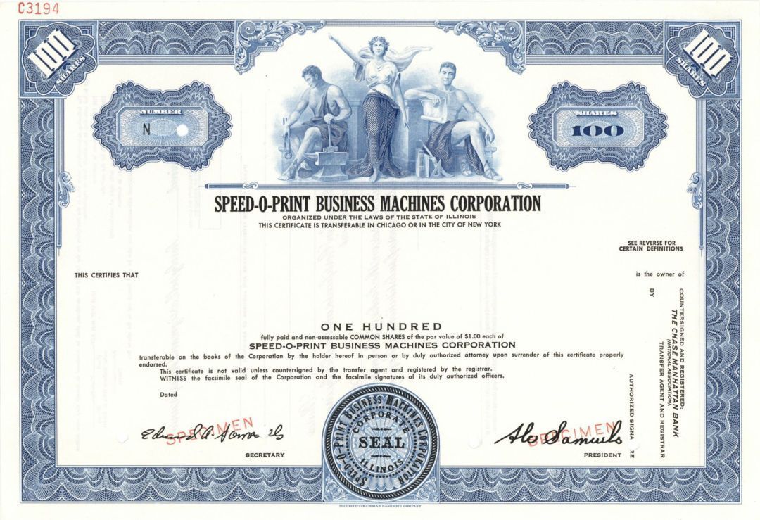 Speed-O-Print Business Machines Corp. - Specimen Stock Certificate - Specimen St