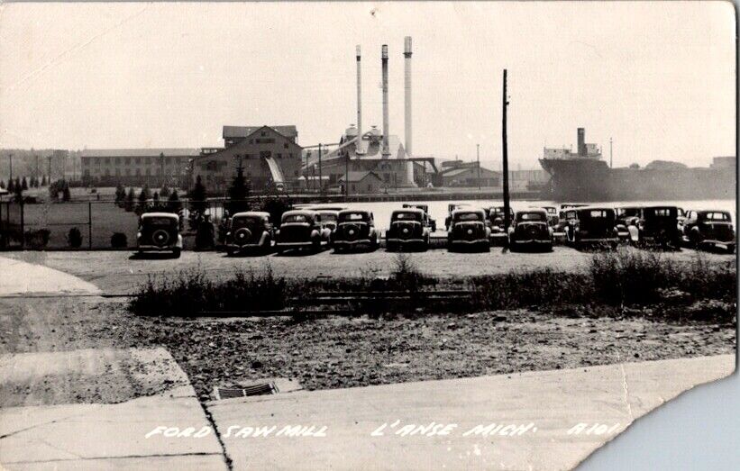 Vintage RPPC Postcard Ford Saw Mill L\'Anse MI Michigan Early Model Cars    D-665