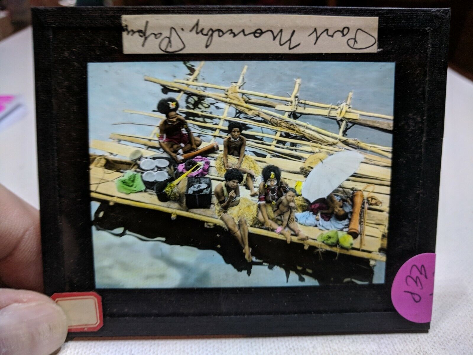 HISTORIC Colored Glass Magic Lantern Slide EEP Port MORESBY NATIVES From BOAT