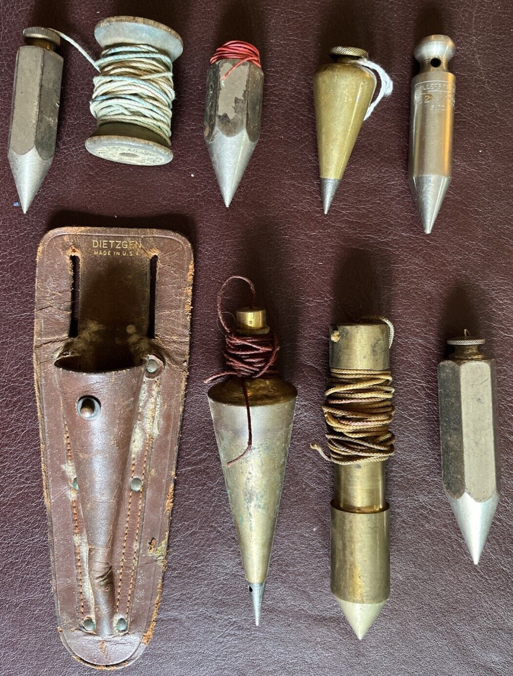 7 Plumb Bob Lot/Collection Antique/Vintage Tools, 1 w/ Leather Holster Some ID'D
