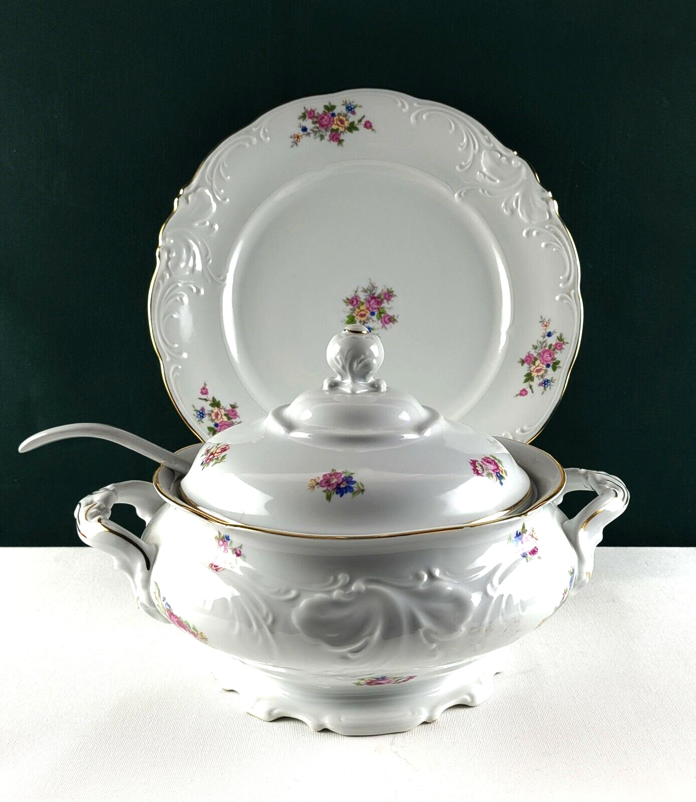 WALBRZYCH White Soup Tureen, w/ Underplate & Ladle Gold Trim Multicolor Flowers
