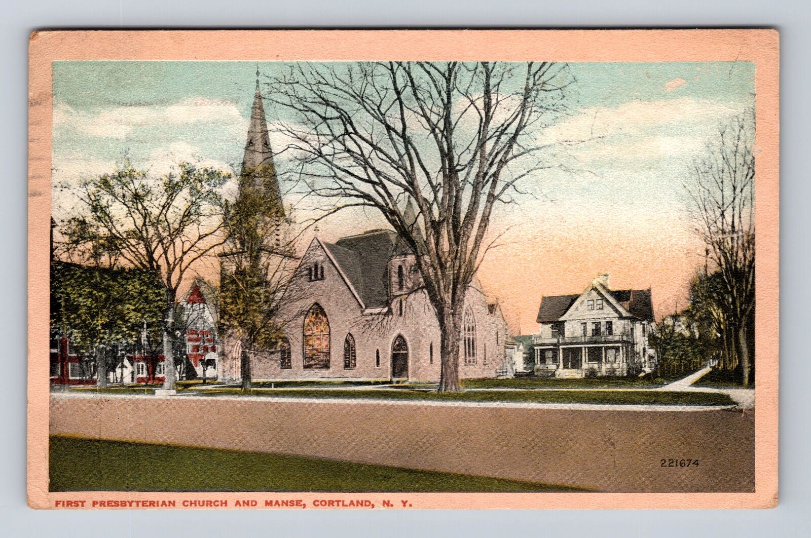 Cortland NY- New York First Presbyterian Church And Manse Vintage c1918 Postcard