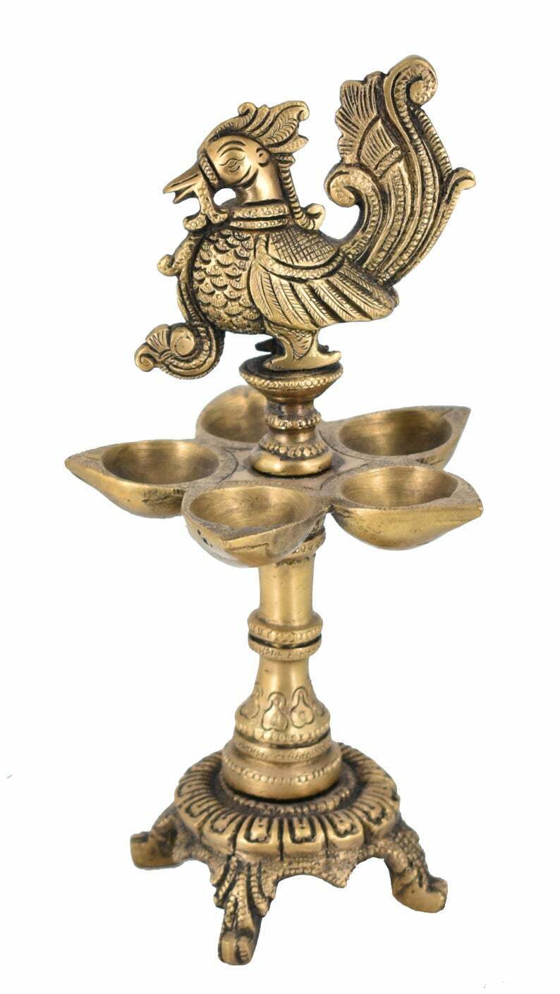 Whitewhale Brass Peacock Design 5 Oil Wick Diya (8.5 inches)