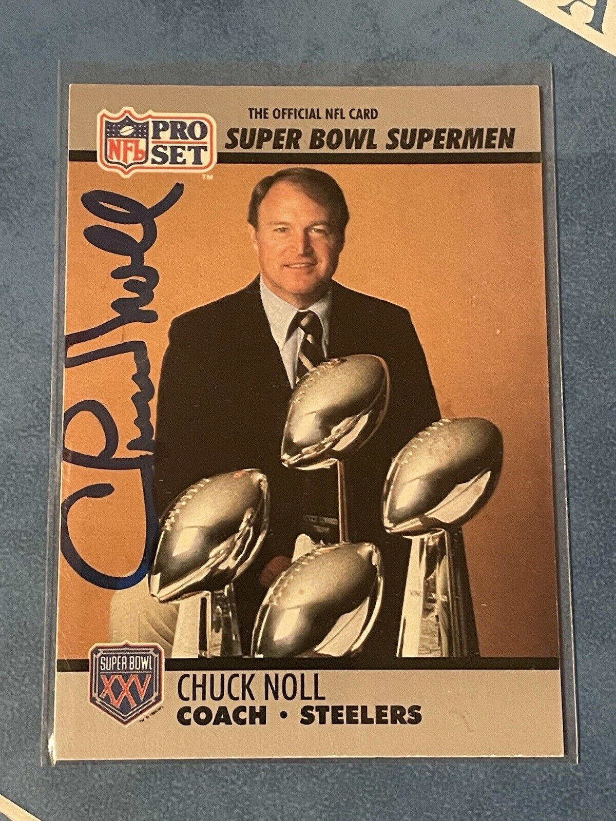 Chuck Noll signed autographed football card 1990 Pro Set Superbowl Supermen