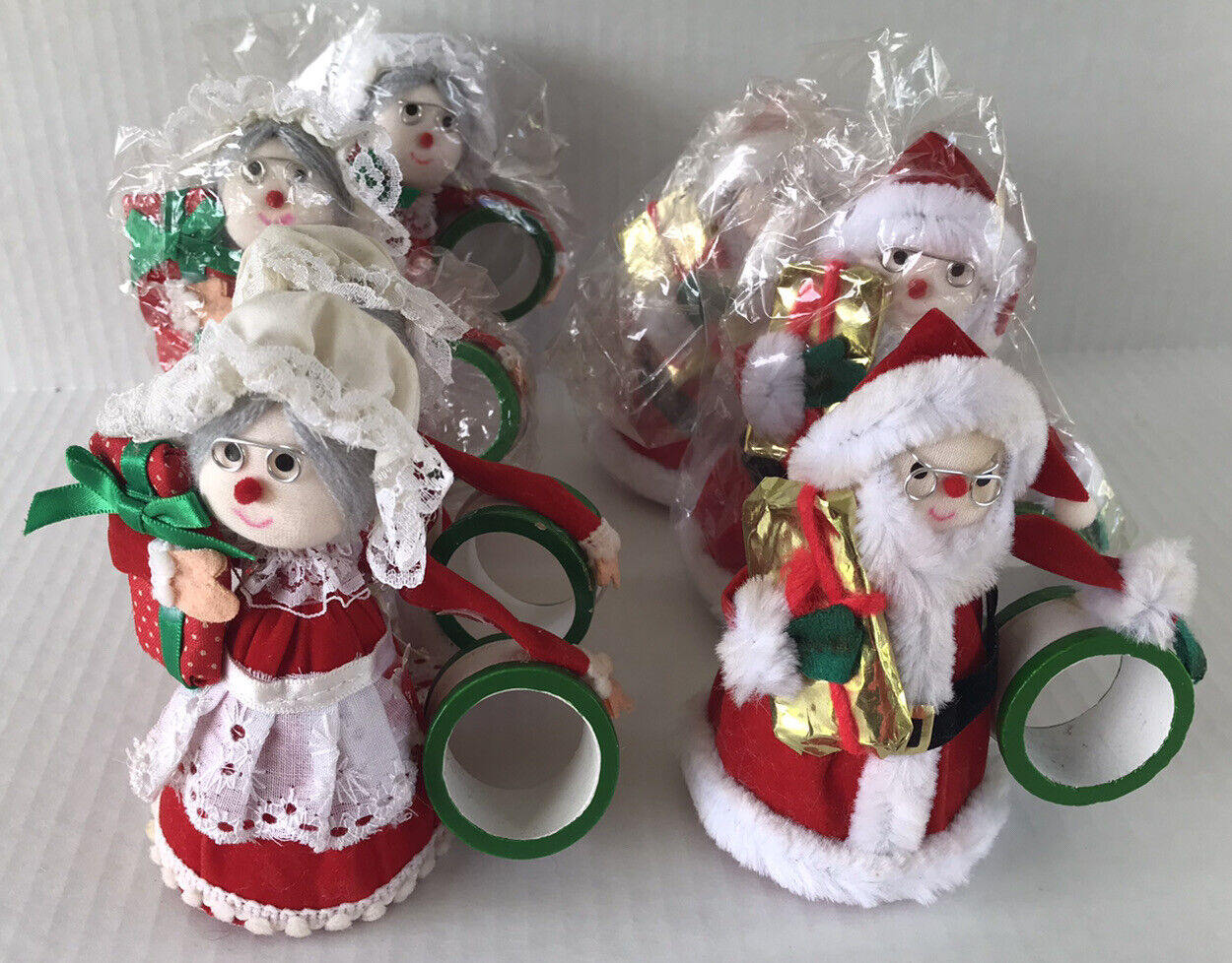 Vintage Felt Santa Mrs Claus Christmas Napkin Rings Set Of 7 Taiwan