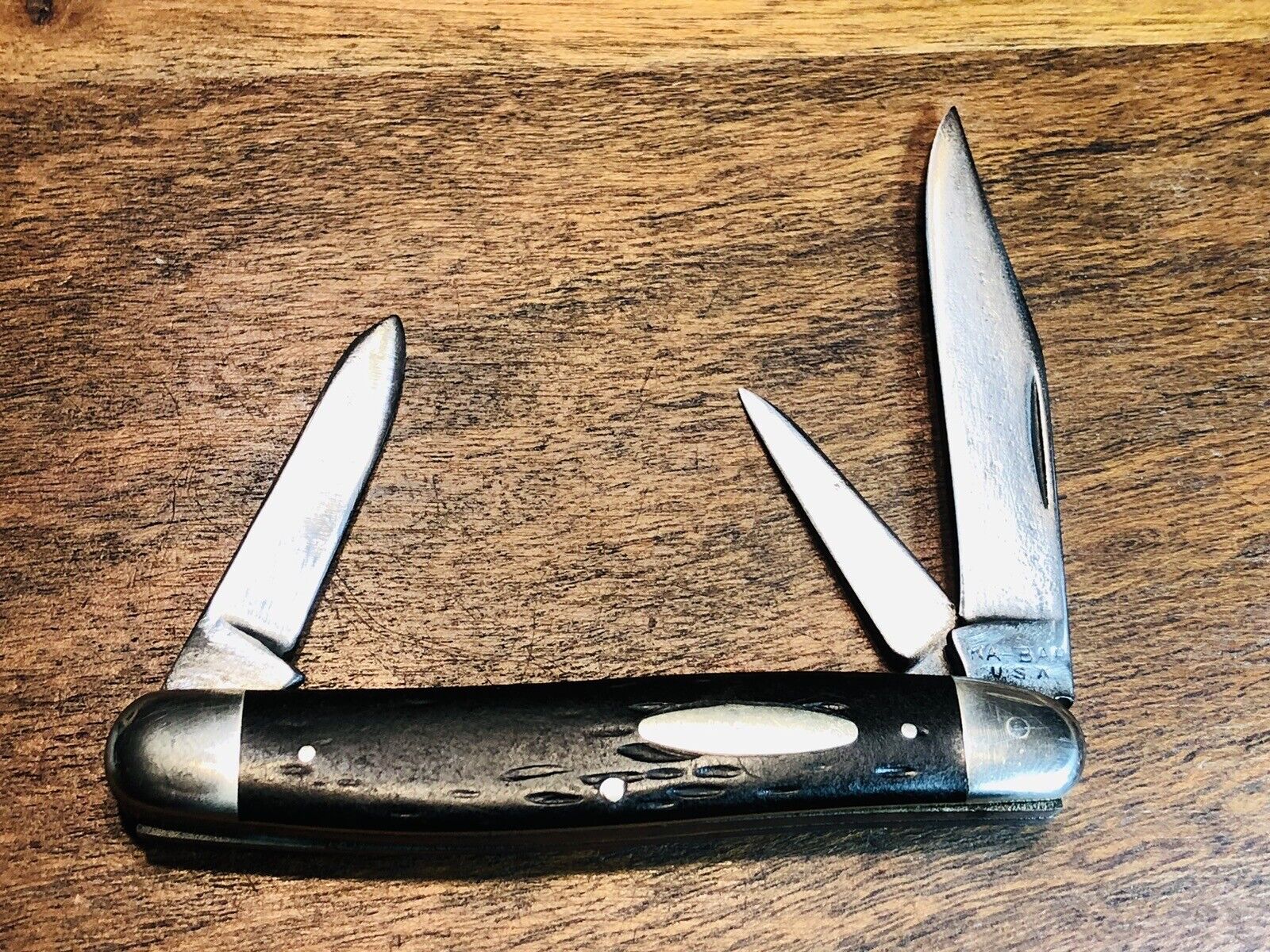 1930-40’s VINTAGE KABAR KA BAR 3 BLADE BONE STOCKMAN FOLDING POCKET KNIFE