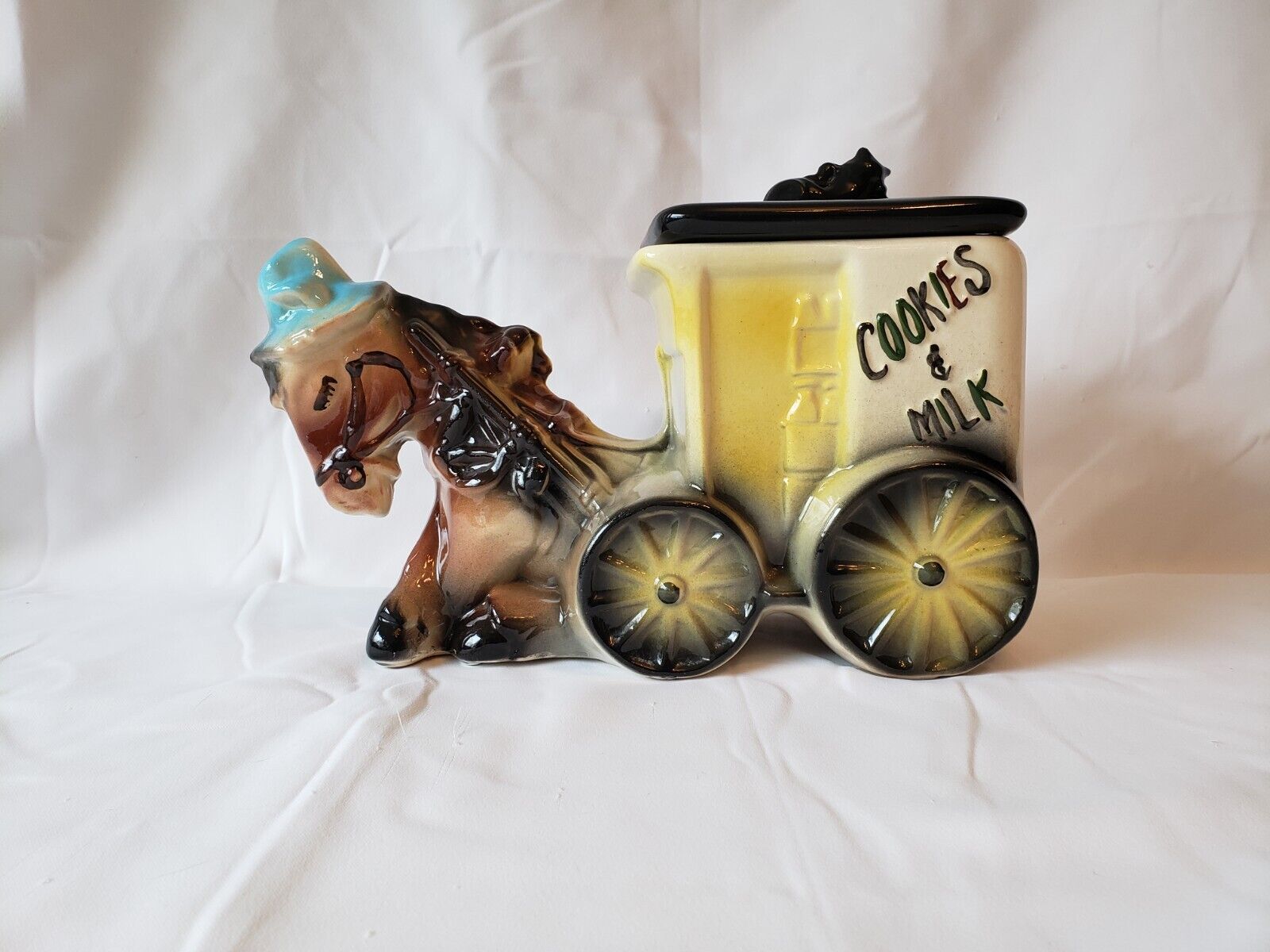 1950s American Bisque Ceramic Cookies And Milk Horse-drawn Cart w/Cat Cookie Jar