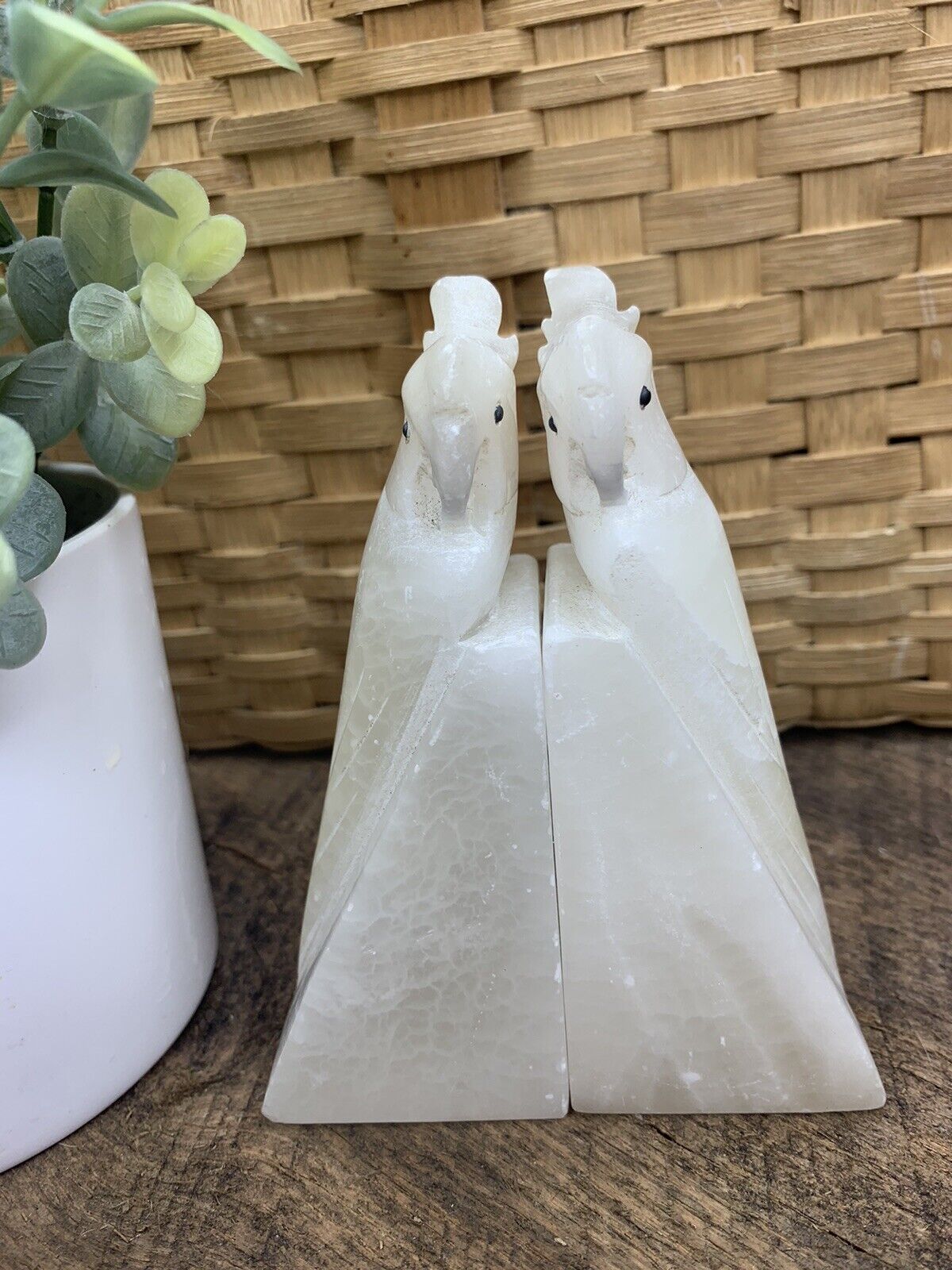 Vintage Italian White Alabaster COCKATOO Bookends Hand Carved 5.75 in